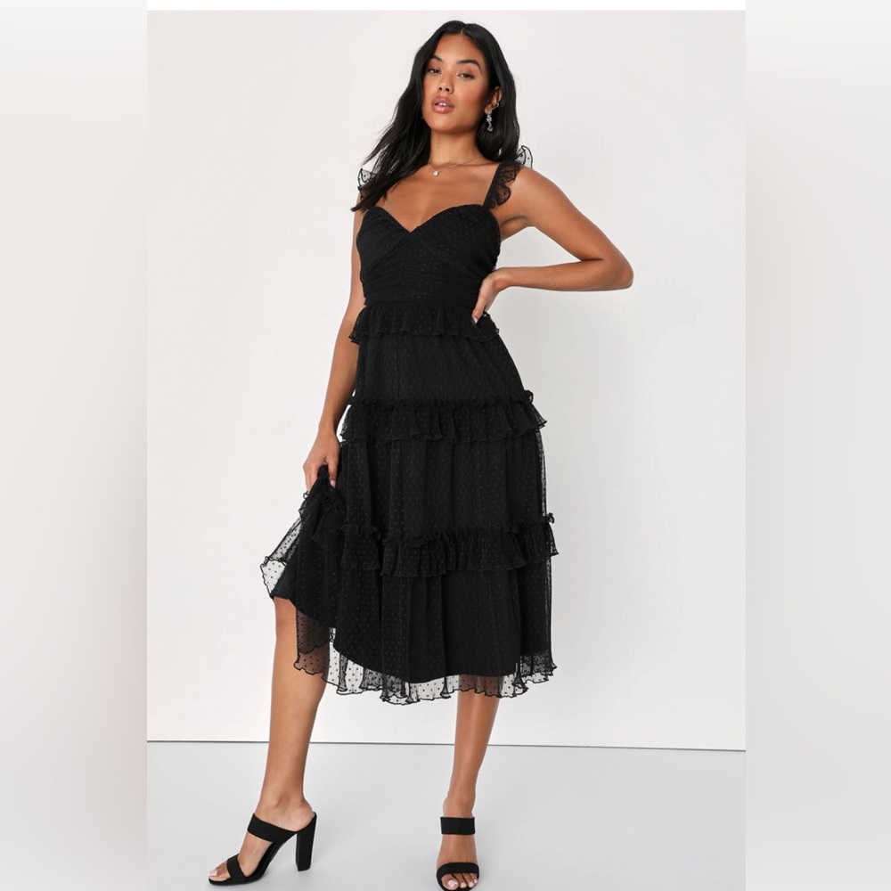 Lulus Black Mesh Swiss Dot Tiered Midi Dress NWT